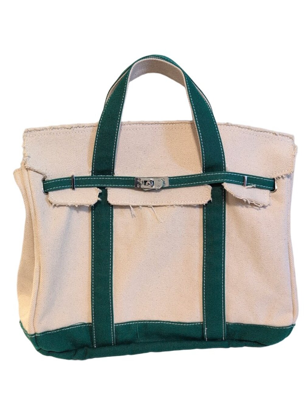 Boatkin Sunwin Canvas Hermes Birkin Bag Style Cream Kelly Racing Green Like New